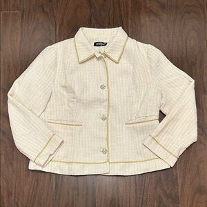 Allegra K Tweed Cream Blazer Jacket Gold Trim